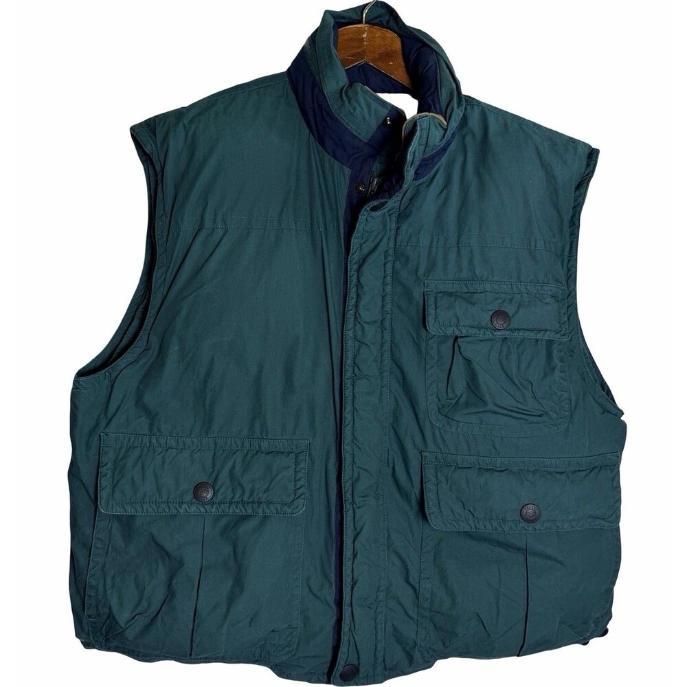 Vintage Goose Down Feathers Vest Mens Medium Green Pockets Forest Club Hiking